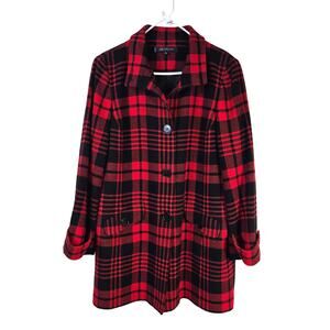 Anne Klein Coat Women's XL Black Red Plaid Lambs Wool Classic Dressy Career